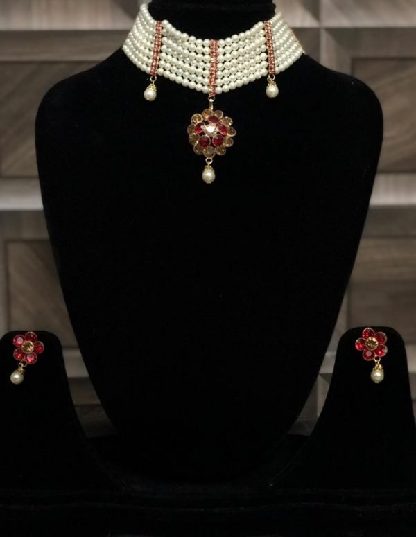 BILLY Trends White Pearls & Red Stones Choker Jewellery Set
