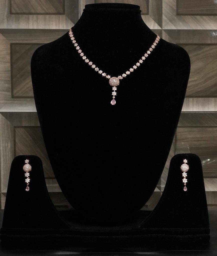 BILLY Trends Silver-Toned Rose Gold Plated CZ American Diamond Studded Jewellery Set